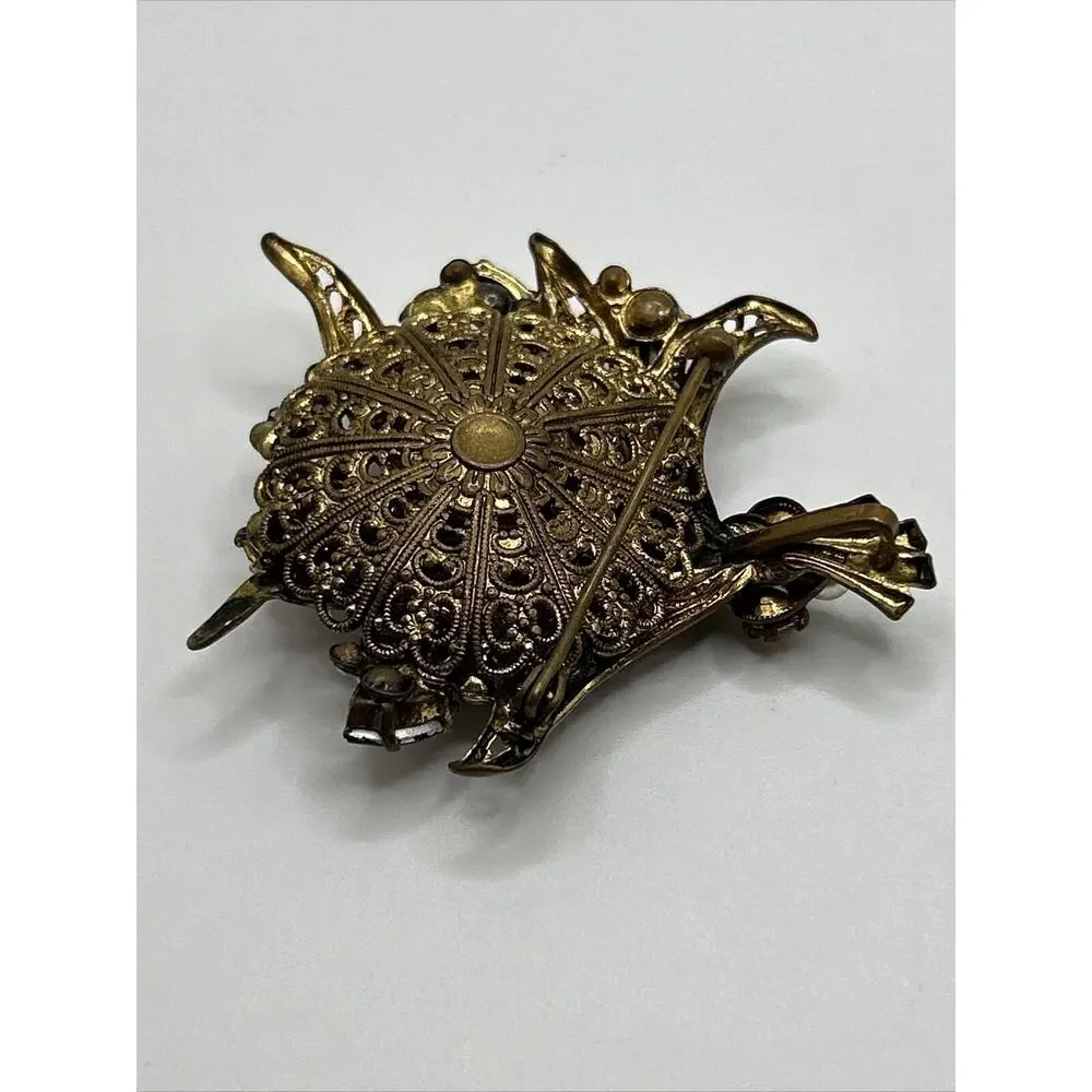 Vintage Floral Bouquet Brown Rhinestone‎ Faux Pearl Gold Tone Brooch Pin